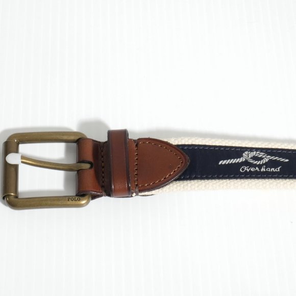 POLO RALPH LAUREN Navy Nautical Knots Cotton Webbed Leather End Roller Belt 40 - Picture 2 of 6
